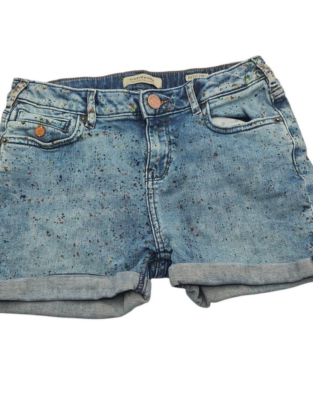 Scotch & Soda Girls Sz 10 Denim Blue Jean Shorts Petit Mi Cuffed Paint Splatter